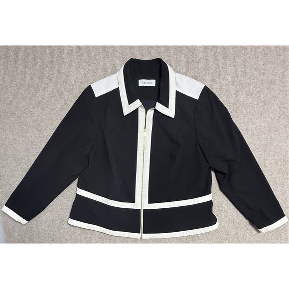 Vintage Calvin Klein White Black‎ Stretch Full Zip Blazer Jacket Office L - XL - Picture 1 of 9